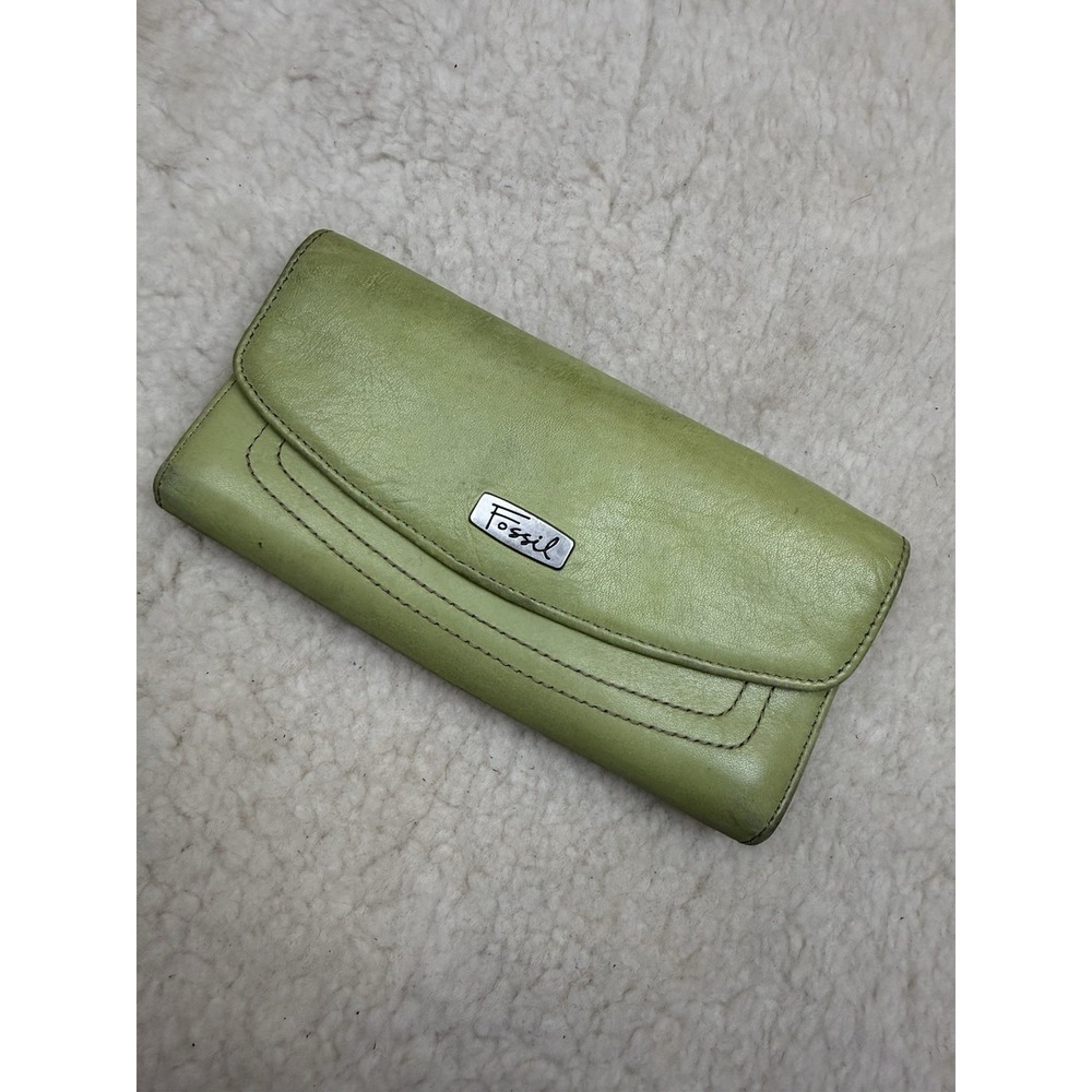 Vintage Y2K Fossil Spring Green Leather Trifold Wallet Organizer Retro 2000s